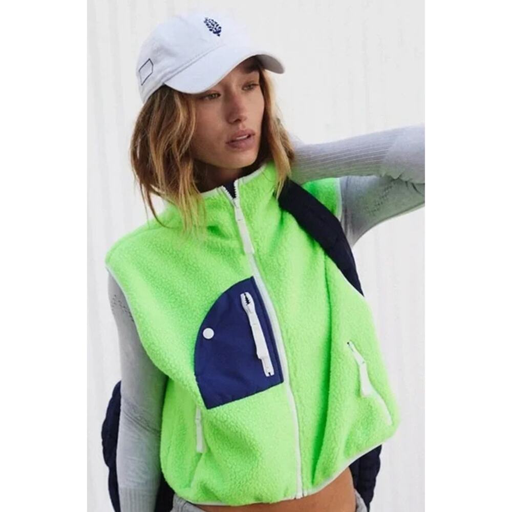 Free People Movement Women's Hit The Slopes Neon Green Navy Sherpa Fleece Vest S